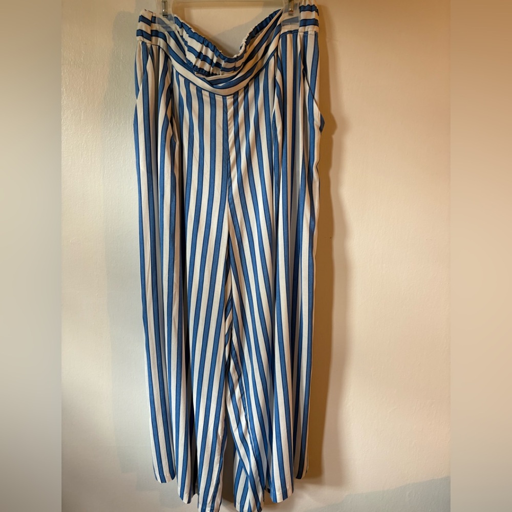 H&M Striped Wide Leg Pant - Blue and White